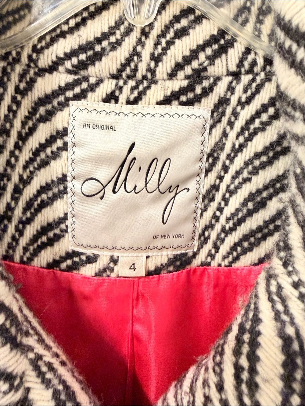 Milly of New York Textured Wool Black Ivory Zig Zag Pattern Coat Size 4 - Picture 2 of 15